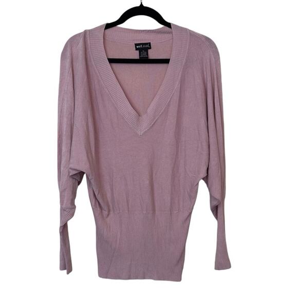 Wet Seal Y2K Pink V-Neck Long-Sleeve Fitted Layering Top Size XL Soft Preppy - Picture 1 of 9